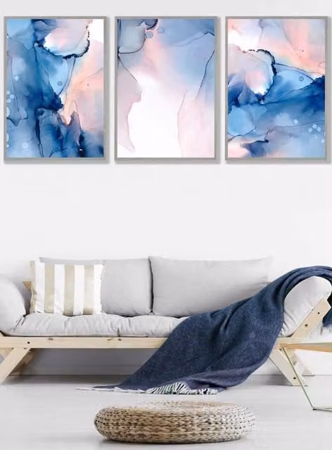 ARTZE Set of 3 Abstract Ink Wall Art in Blush Pink, Navy Blue and Grey with Light Grey Frames, W: 53 cm, H: 73 cm, D: 2 cm