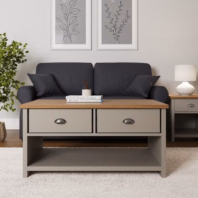 GFW Lancaster Two Drawer Coffee Table in Grey and Oak – 1