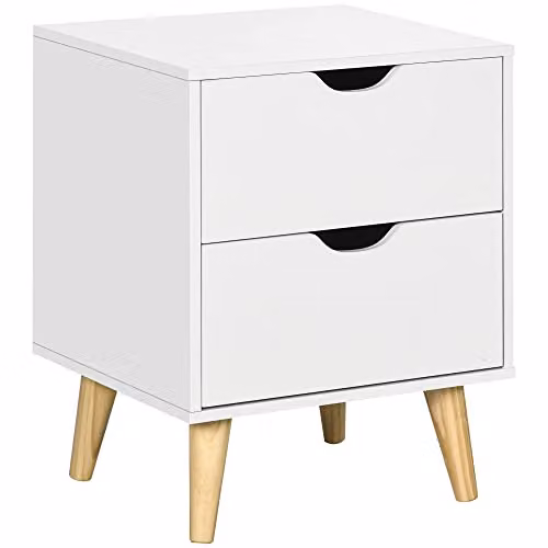 HOMCOM White Bedside Cabinet with 2 Drawers and Pine Wood Legs, W: 40 cm, D: 35 cm, H: 50.5 cm