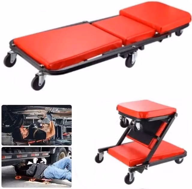FLAVORA Large Crawler Board Padded Stool in Red with Steel Frame and Castors – 1
