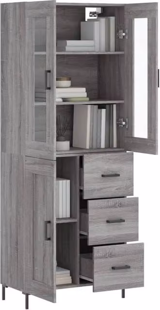 Berkfield Home Grey Sonoma Highboard with Glass Doors and Drawers, W/D/H: 69.5 x 34 x 180 cm