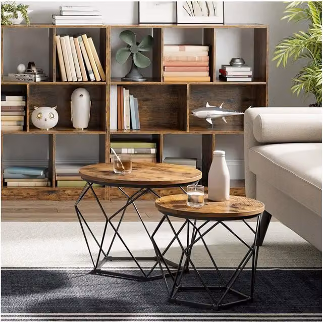 Hygrad Industrial Geometric Round Nesting Side Tables in Brown and Black