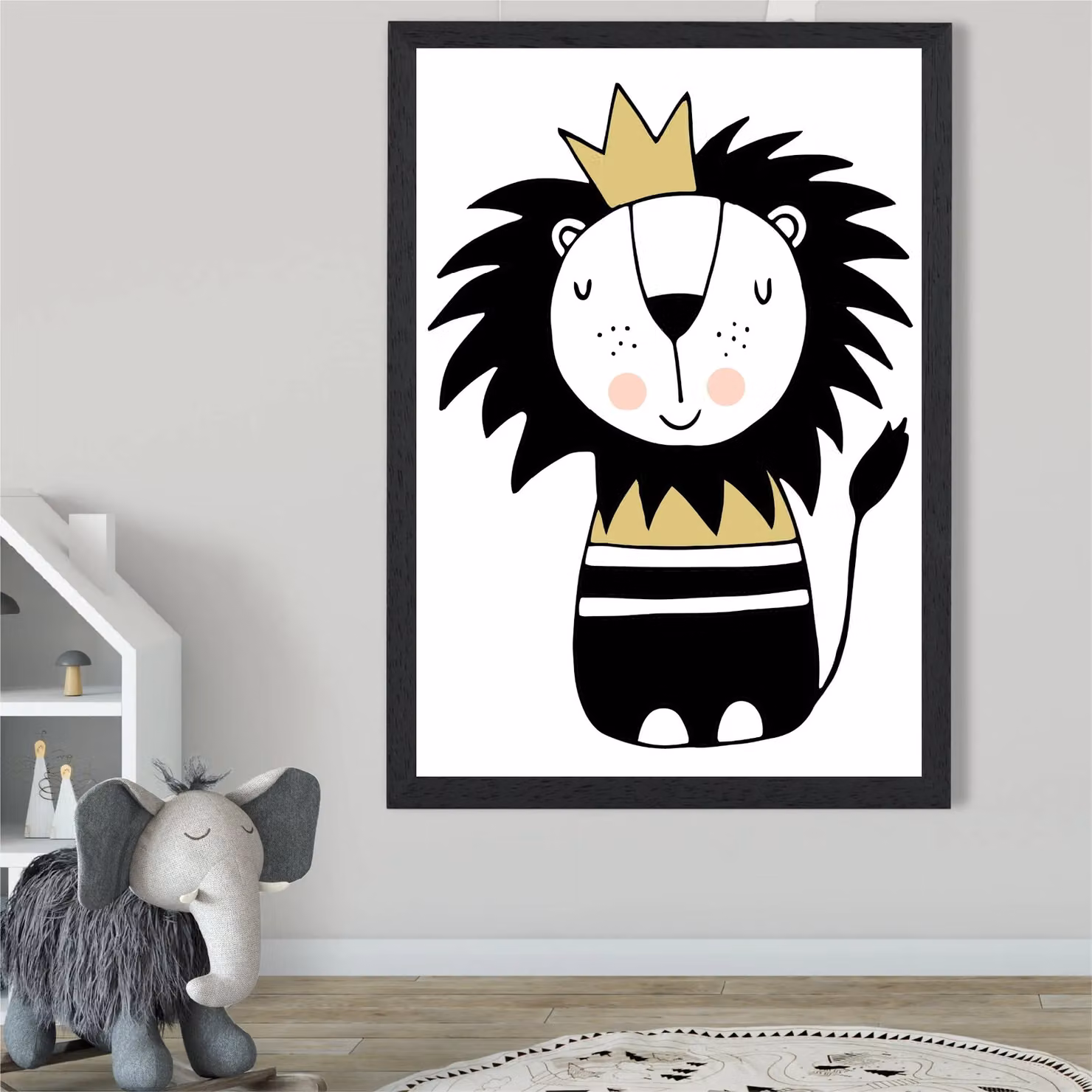 ARTZE Cute Lion Scandi Animal Framed Print, Yellow and Black, A2 – 2
