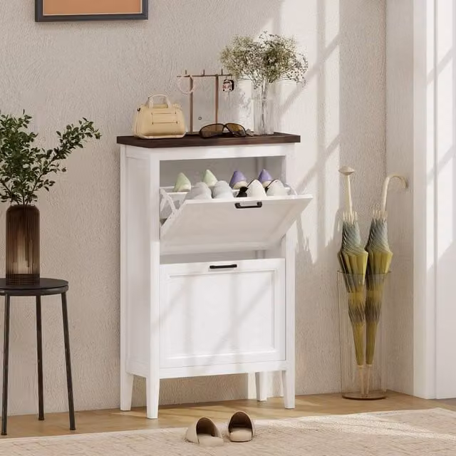 HOMCOM Modern Shoe Cabinet with Tilting Compartments and Internal Shelves, White