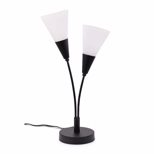 ValueLights Black 2 Arm Table Lamp with White Frosted Glass Shades and Included Bulb