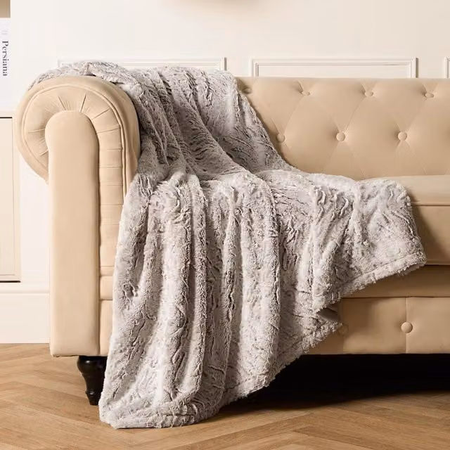 OHS Faux Fur Two Tone Plush Throw Blanket in Beige, Yellow and Grey