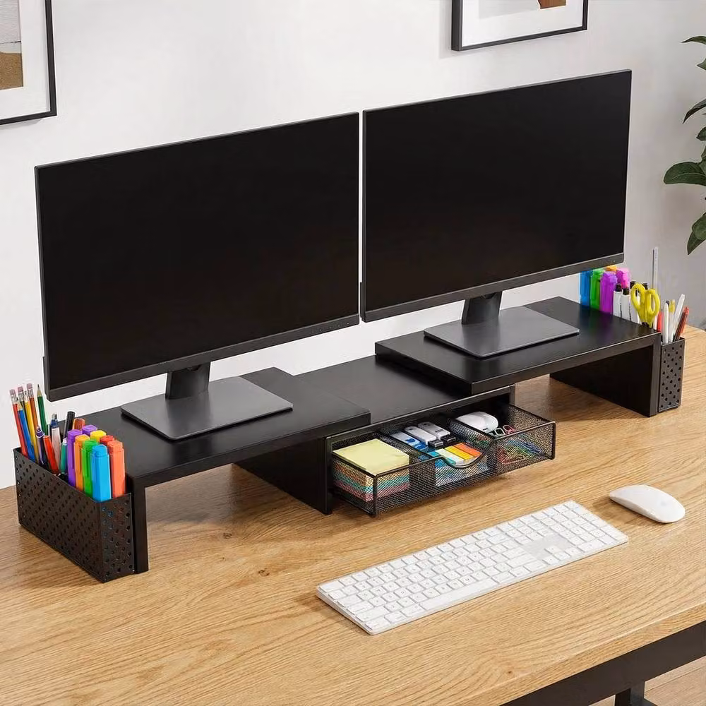 SPETLEK Dual Monitor Stand 2 Shelf Desk Riser Organizer in Black Matt Metal – 2