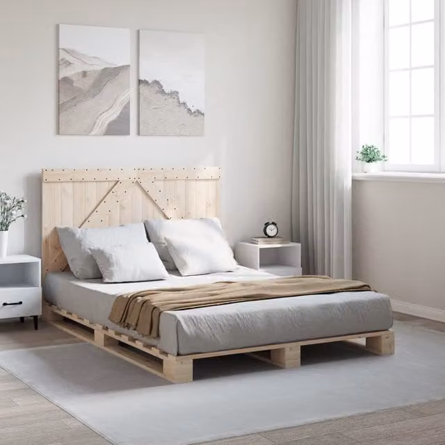 Berkfield Home Solid Pine Bed Frame with Headboard in Brown, W/D/H: 140 x 200 cm
