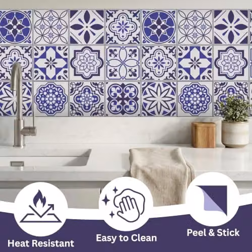 WALPLUS Blue Spanish and Moroccan Geometric Peel and Stick Wall Tile Stickers, 24 Pack, W/D/H: 15 x 15 x 0.15 cm – 2
