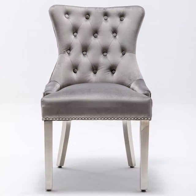 Modernique Set of 2 Nicole Grey Velvet Upholstered Chairs with Metal Frame