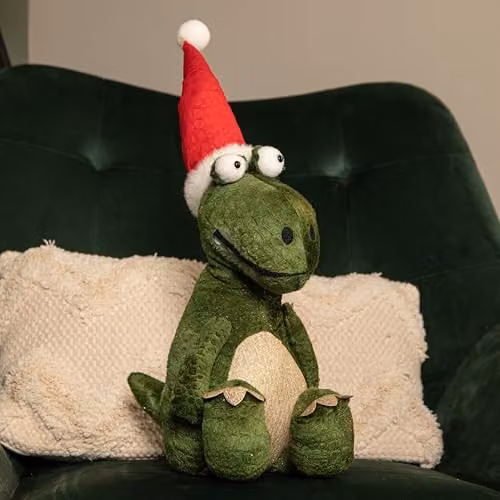 Samuel Alexander Green and Gold Sitting Christmas Dinosaur with Santa Hat, Height: 48 cm – 3