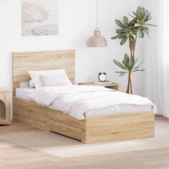 Berkfield Home Sonoma Oak Bed Frame with Drawer, Brown, W/D/H: 90 x 200 cm