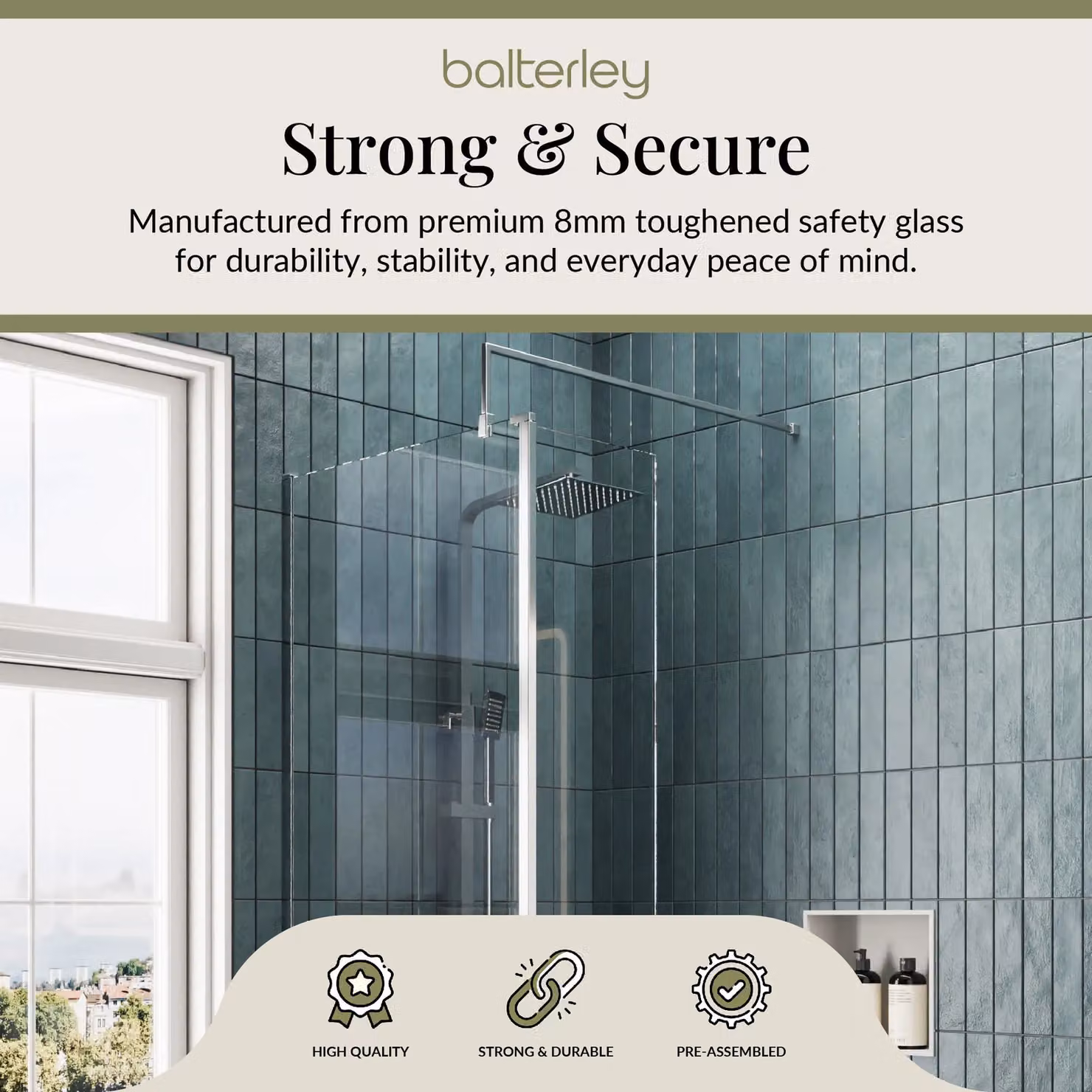Balterley 8mm Glass Walk-In Wetroom Screen and Return with Tray, Silver and Transparent, W: 120 cm, D: 90 cm, H: 195 cm – 2