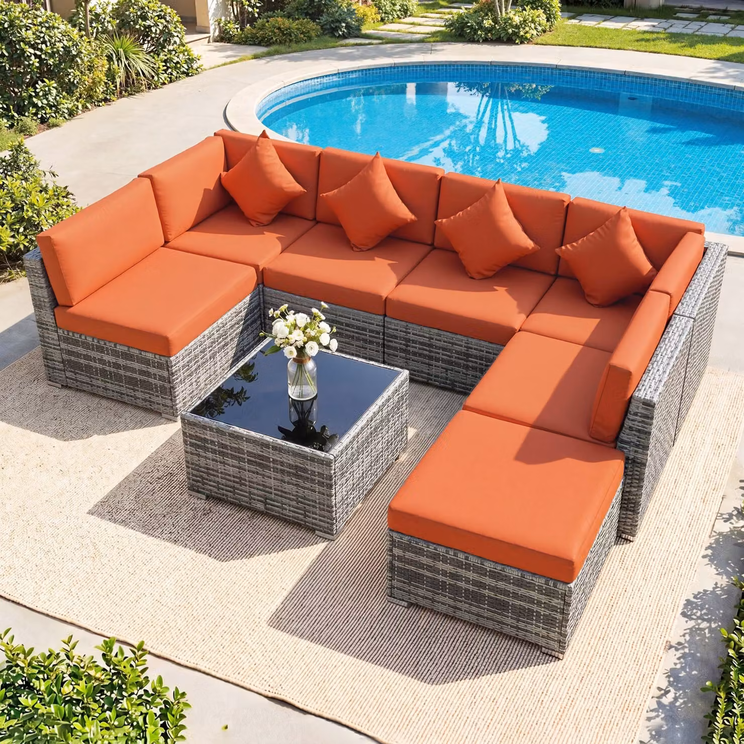 Outsunny Eight-Piece L-Shape Rattan Sofa Set with Upholstered Cushions in Orange and Grey – 2