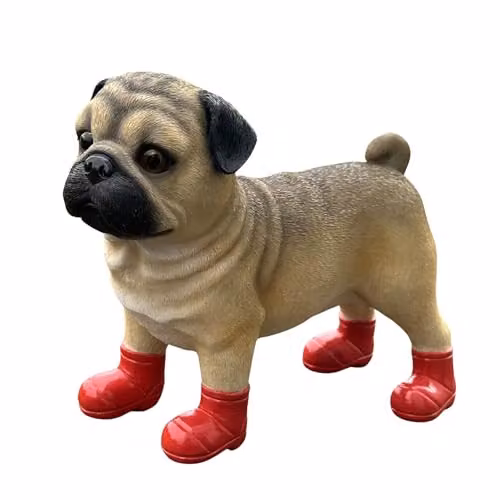 Animal Crackers Pug Dog Figurine in Red Wellington Boots, Brown and Beige Resin Tabletop Decoration