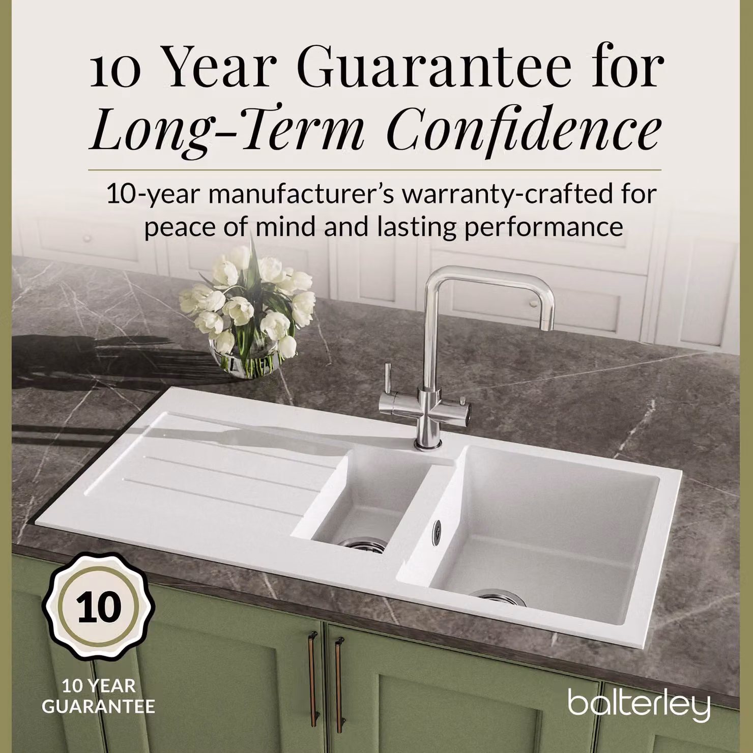 Balterley Granite Composite Single Bowl Kitchen Sink with Drainer and Overflow, White, W: 100 cm x D: 50 cm – 3