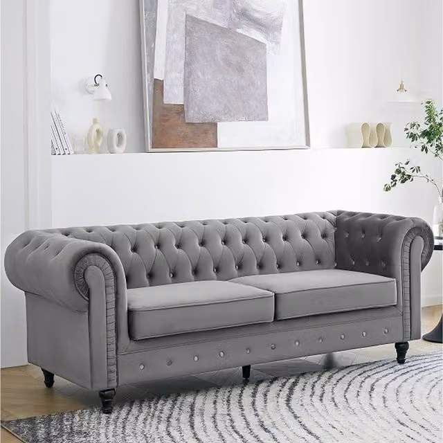 Chesterly 3 Seater Grey Velvet Chesterfield Sofa with Button Detail