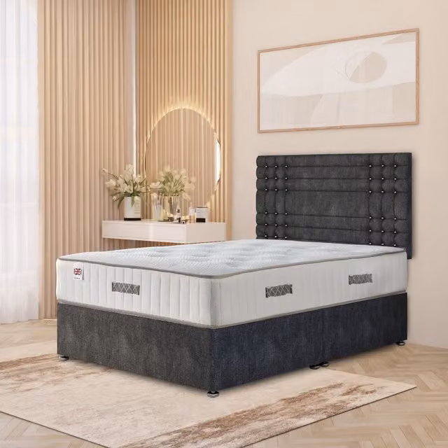Somnior Beds Ltd Saville Modern Upholstered Fabric Divan Bed Set with Headboard and Drawers in Anthracite Grey, W/D/H: 140 x 200 cm