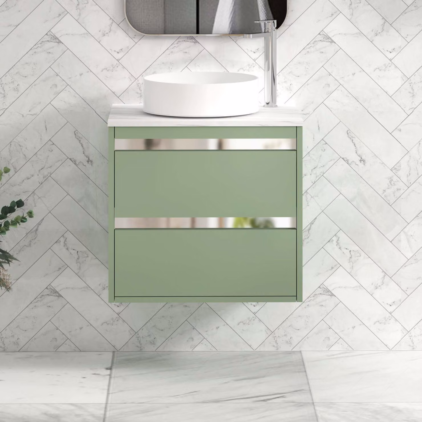 Royal Bathrooms Orion 800mm Wall Hung Vanity Unit in Mint Sage with 2 Drawers, Carrara White Undrilled Worktop and Chrome Accent Trim