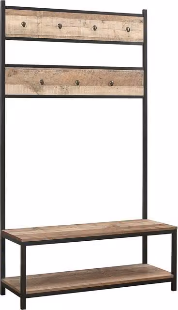 Birlea Urban Rustic Industrial Hall Tree Coat Rack with Bench in Red and Brown