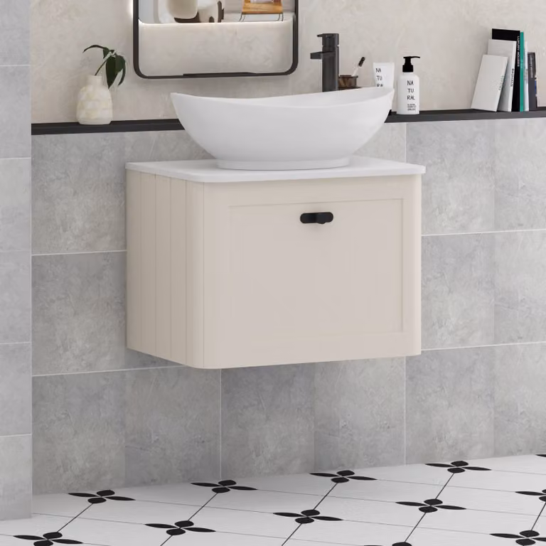 Royal Bathrooms Henley Wall Hung Vanity Unit in Mushroom Cashmere with Plain White Worktop, Amaze Basin and Matt Black Knob