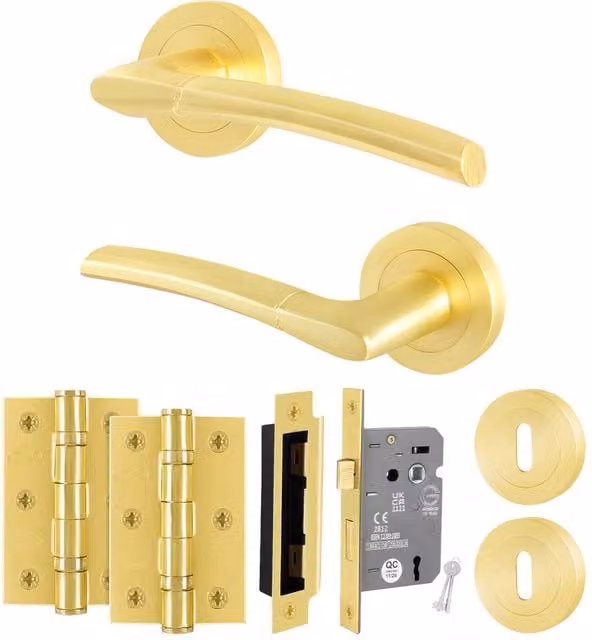 AFIT Gold Brass Rose Key Lock Kit with Lever Handles and Hinges