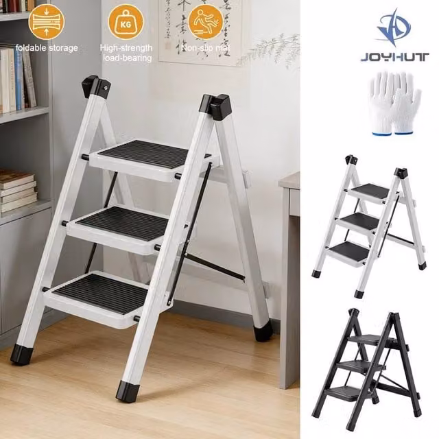 FLAVORA White 3 Step Folding Steel Ladder with Rubber Feet – 1