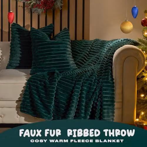 OHS Green Faux Fur Ribbed Fleece Throw Blanket, W/D/H: 125 x 150 cm – 2