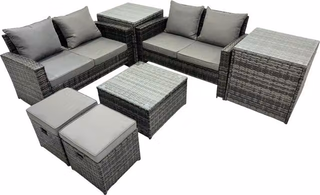 Fimous 6-Seat PE Rattan Garden Lounge Set in Dark Grey Mixed with Upholstered Cushions and L-Shape Sofa, Coffee Table and Ottoman