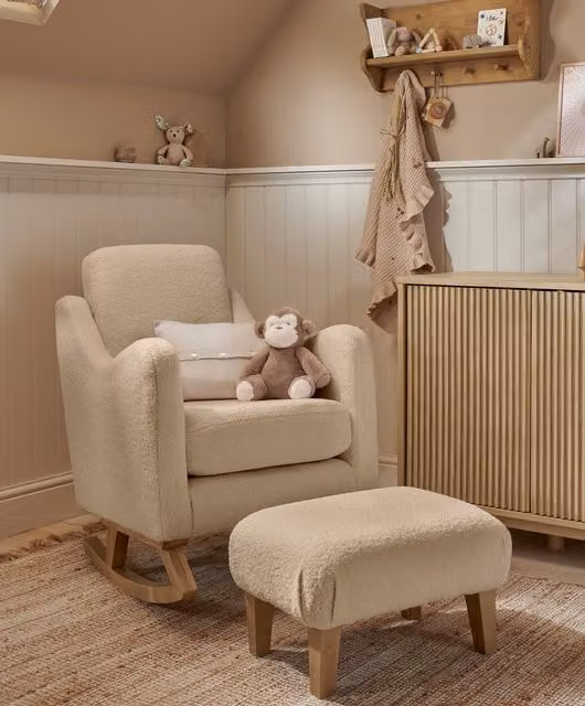 Mamas & Papas Bowdon Nursing Chair and Footstool Set in Beige Bouclé with Oak Wood Frame