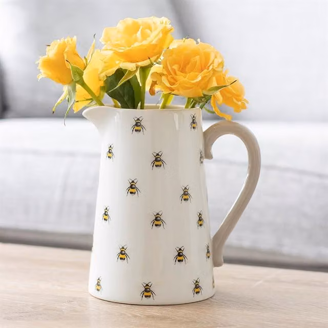Gloriously Good Bee Ceramic Floral Flower Jug in Yellow and White