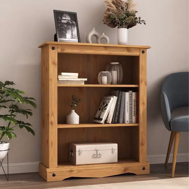 Mews Corona Small Bookcase in Waxed Pine and Metal, Brown and Black