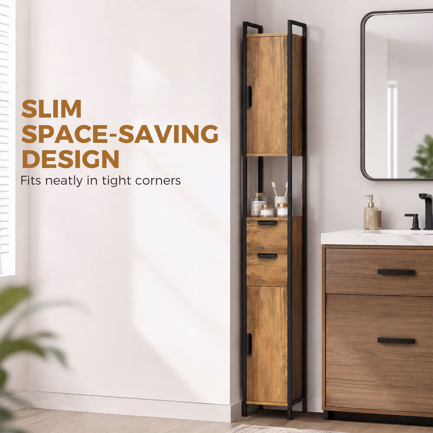 HOMCOM Freestanding Brown and Black Industrial Bathroom Storage Cabinet with Soft-Close Doors, Internal Drawers and Shelves, H 180 x W 25 x D 25 cm – 4