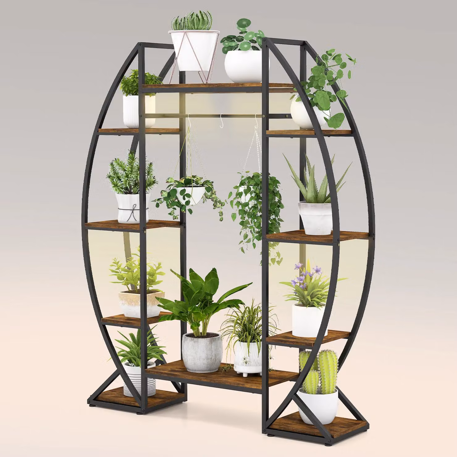 Gymax 10-Tier Corner Metal Indoor Plant Stand with Grow Lights in Brown – 3