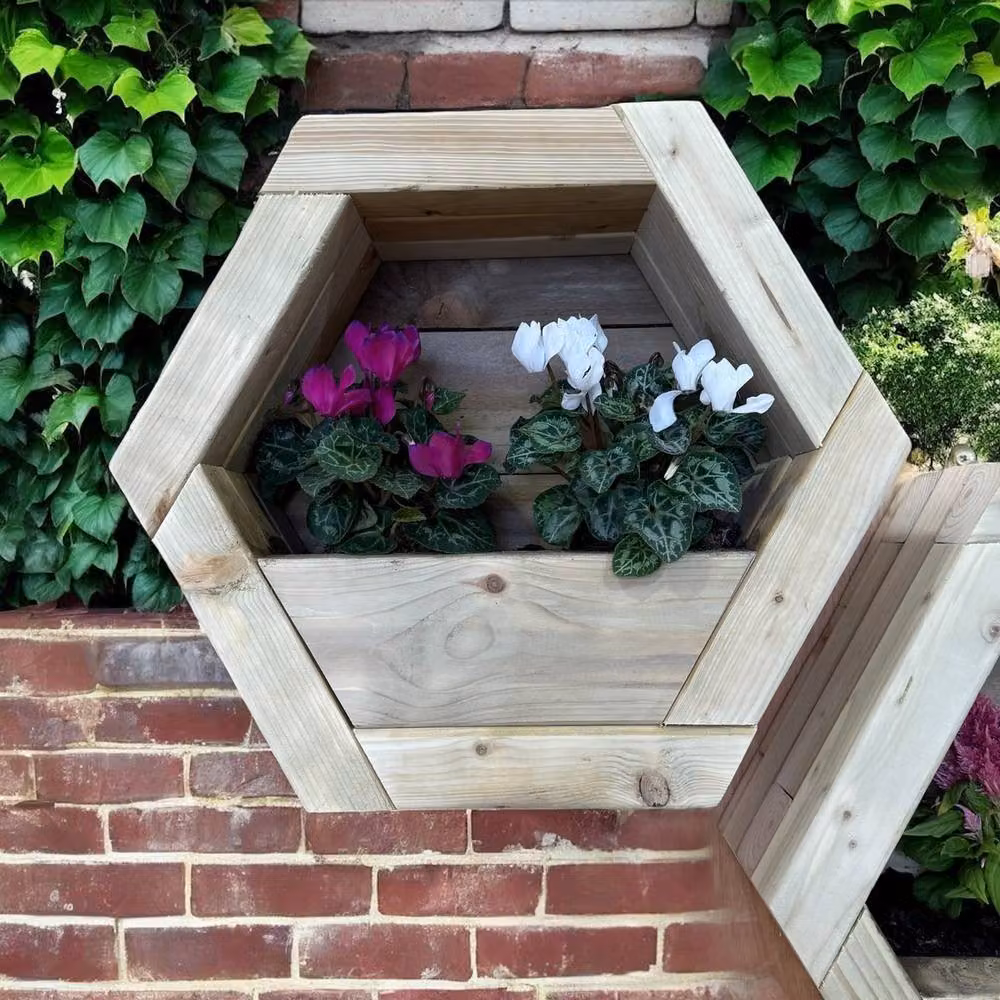 Buttercup Farm Set of 3 Medium Hanging Wooden Hexagon Wall Planters in Brown – 3