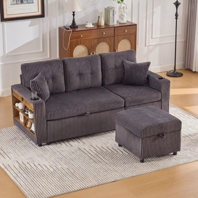 Aosom UK Modern Corduroy Sofa Bed with Pull-Out Bed, Storage, LED Lighting and USB Charging, Dark Grey, W: 82 cm, D: 196 cm, H: 85 cm