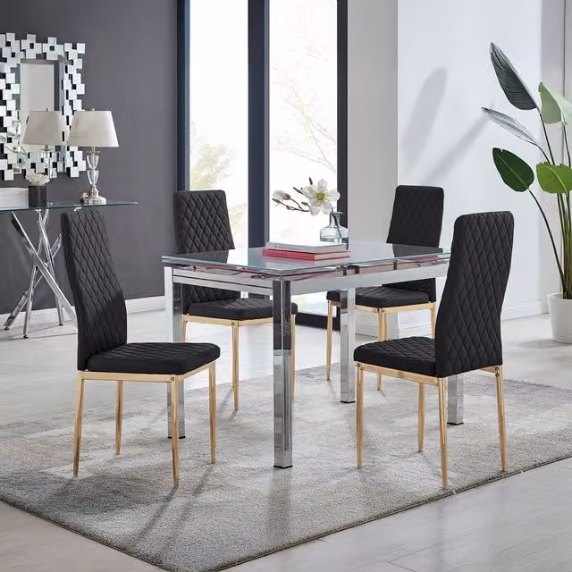 FurnitureboxUK Enna White Glass Extending Rectangular Dining Table and 4 Black Milan Chairs with Gold Legs