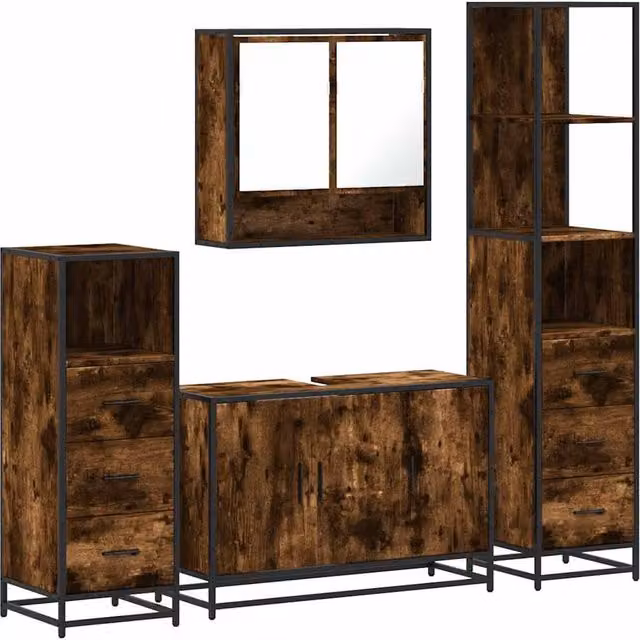 Berkfield Home 4-Piece Industrial Bathroom Furniture Set in Smoked Oak and Brown – 1