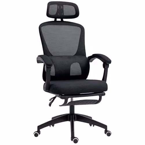 HOMCOM Ergonomic Black Mesh and Fabric Office Chair with Headrest, Armrests and Height Adjustment – 1