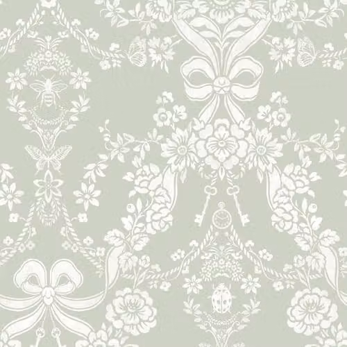 Holden Decor Bow Damask Floral Wallpaper in Sage Green and White for Childrens Rooms and Nurseries