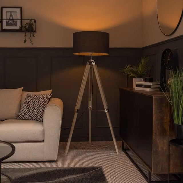 ValueLights Clipper Tripod Floor Lamp with Brown Wood Base and Charcoal Fabric Cylinder Shade in Silver – 1