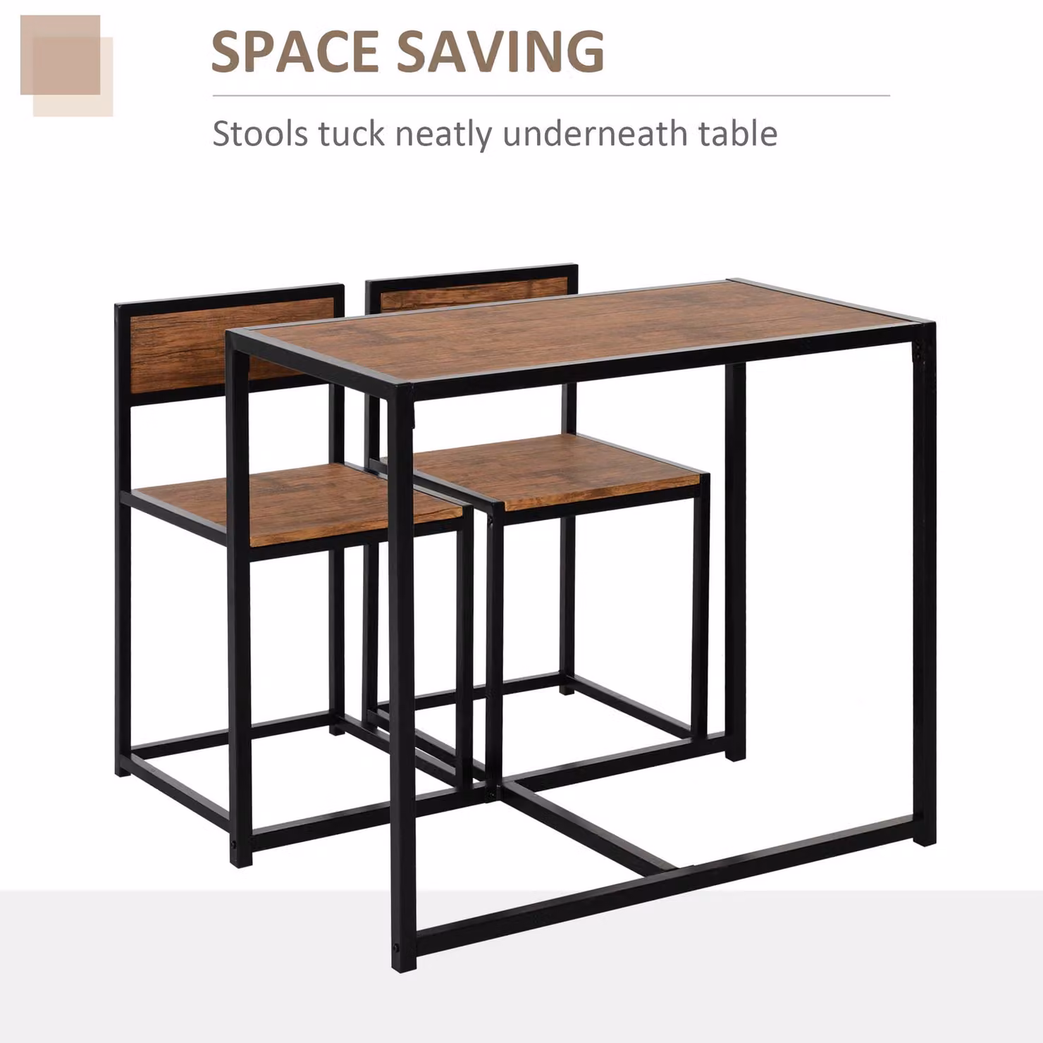 HOMCOM 3 Piece Dining Table and Chairs Set with Industrial Design, Steel Frame and MDF Panels in Rustic Brown and Black – 6