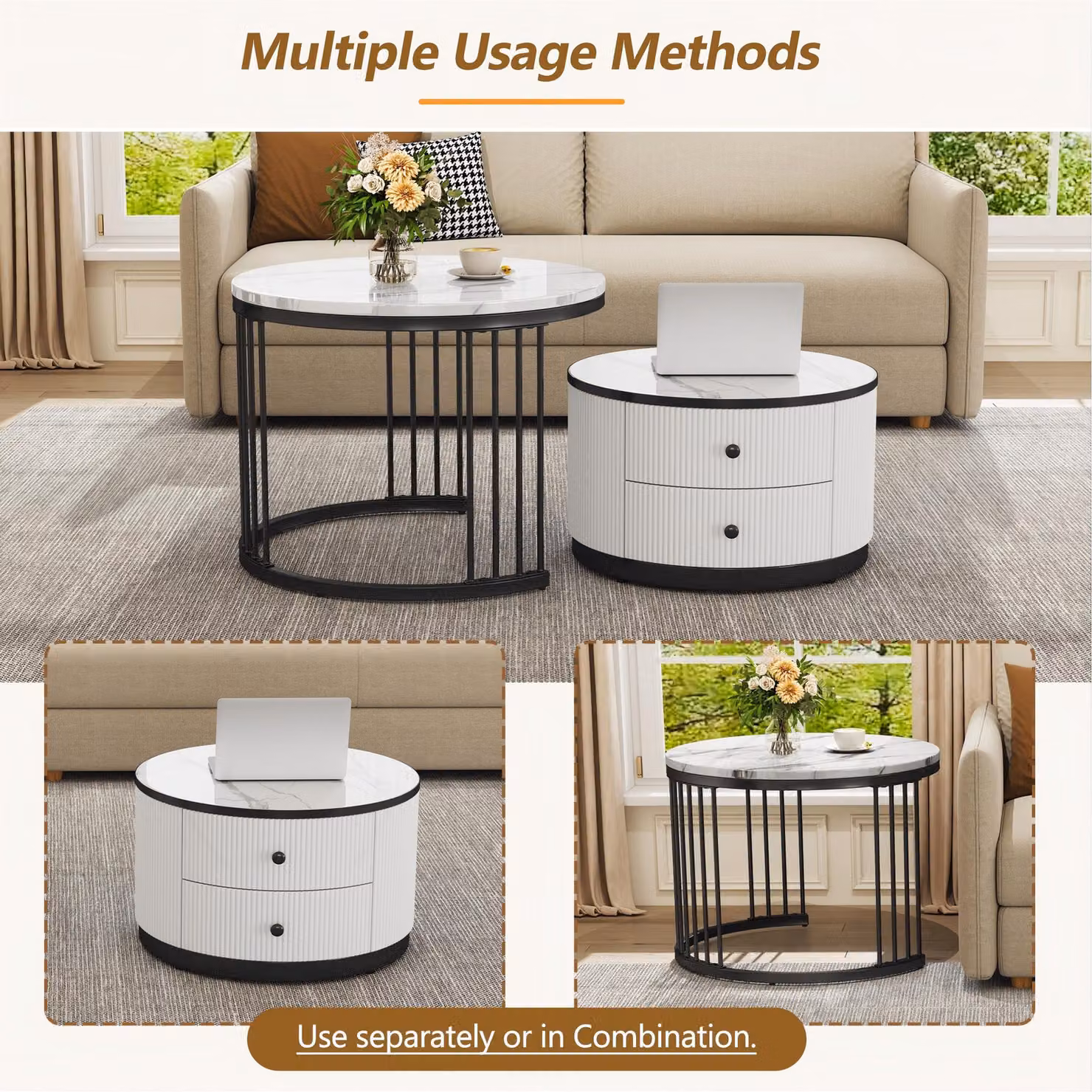 Aosom High Gloss Nesting Coffee Table Set with Marble Pattern Top and Storage Drawers, Modern Round Side Tables in White and Black – 4
