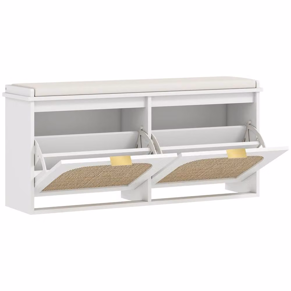 Wyld Haus Hano White and Beige Boho Shoe Bench with Cushioned Seat and 2 Rattan Flip Drawers – 2
