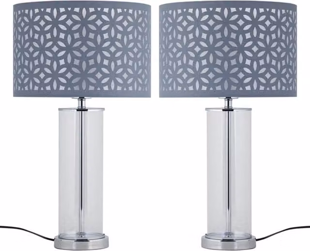 First Choice Lighting Aura Set of 2 Chrome Table Lamps with Grey Shades – 1