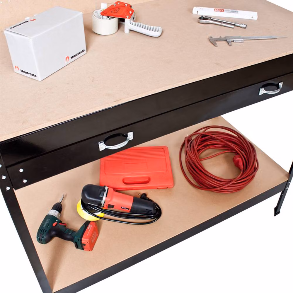 tectake Workbench with Pegboard, 2 Shelves, 1 Large Drawer and 12 Hooks in Black – 4