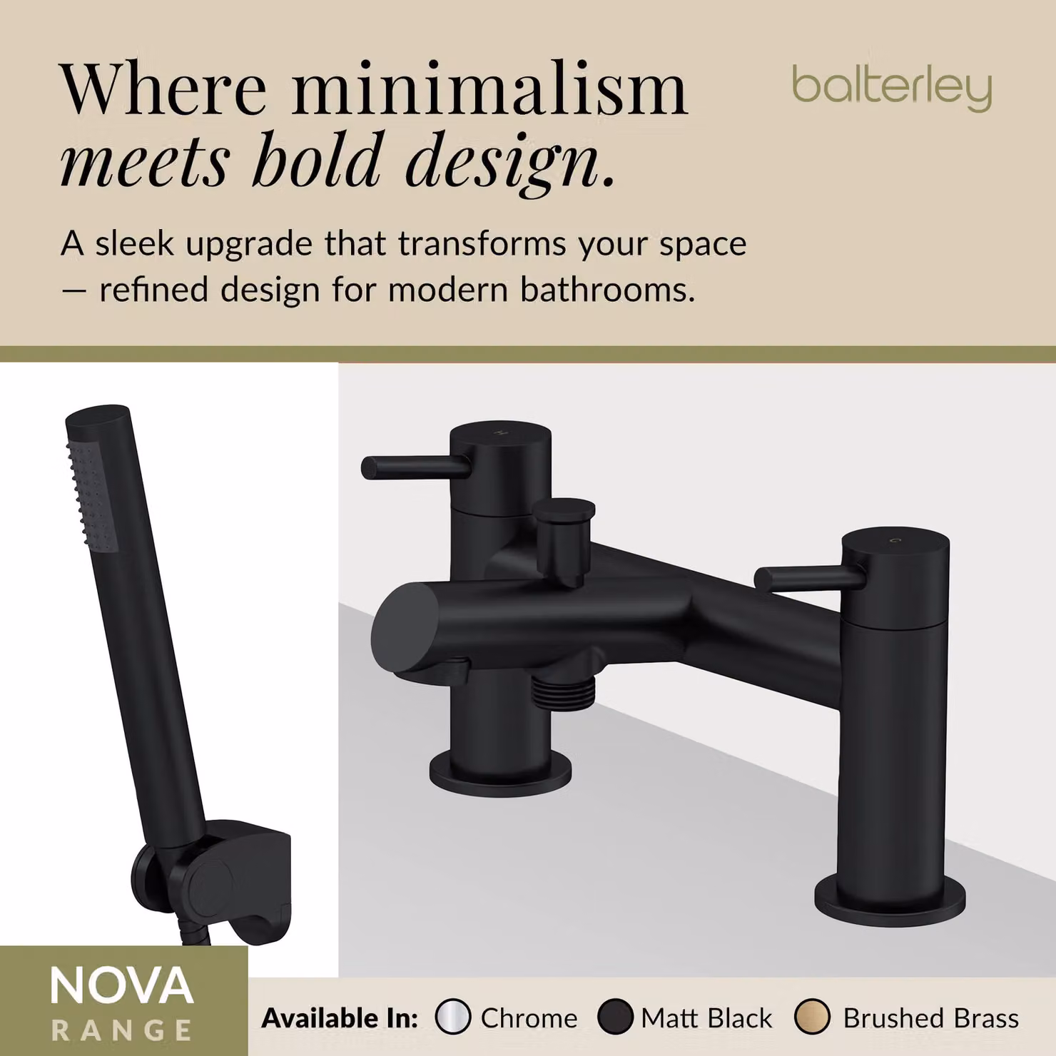 Balterley Bathroom Bath Shower Mixer Tap with Shower Kit, Matt Black Finish, 22.8 cm – 3