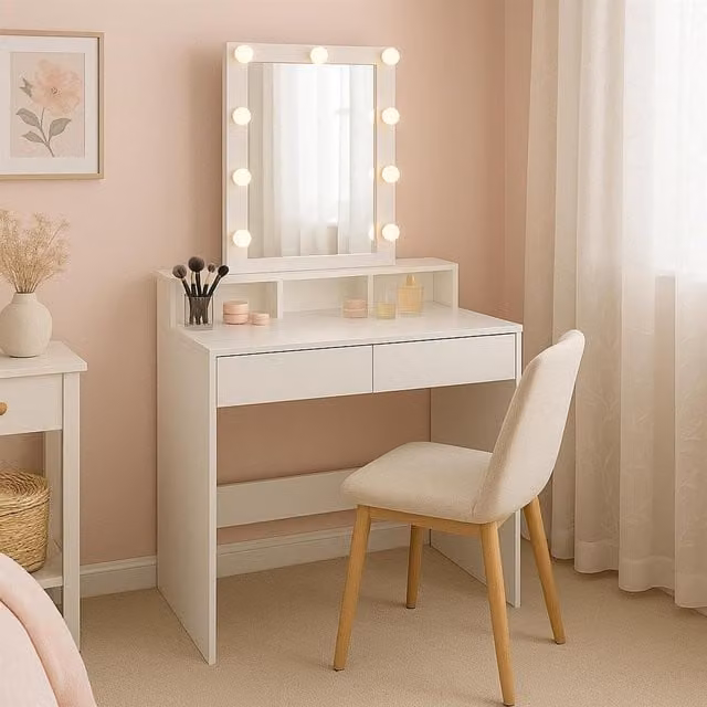 Harbour Housewares Modern White Wooden Dressing Table with LED Lights