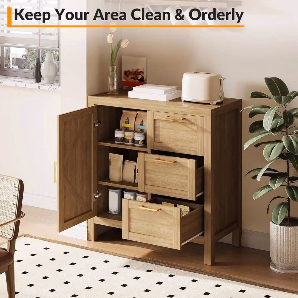 KORVIXA Brown Walnut Finish 3 Drawer Sideboard Multi Storage Cabinet – 3