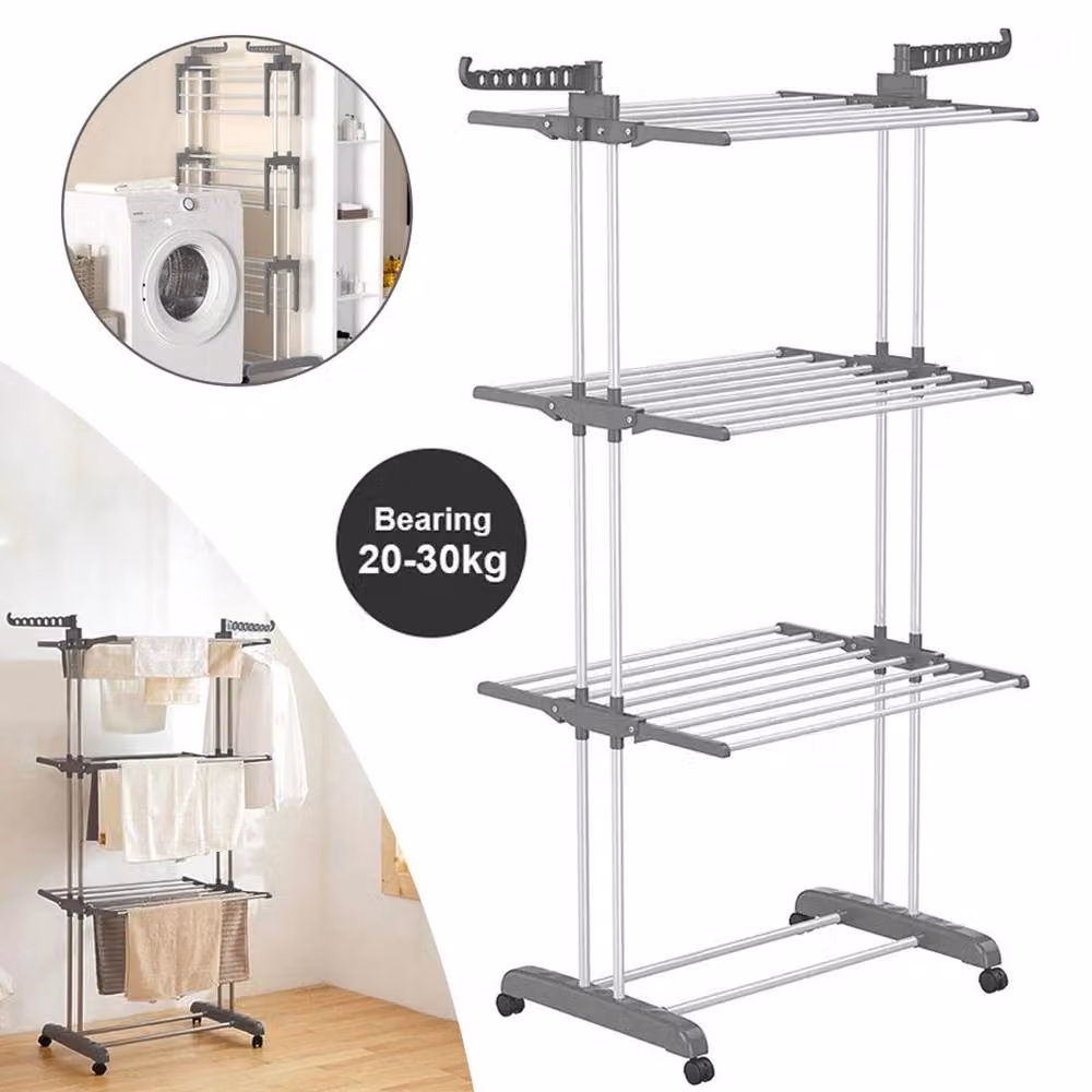 PAWNORA 3 Tier Foldable Metal Clothes Airer Rack Laundry Drying Stand in Grey – 2